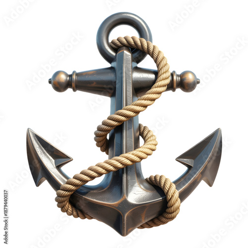 Metal anchor with rope wrapped around it transparent background