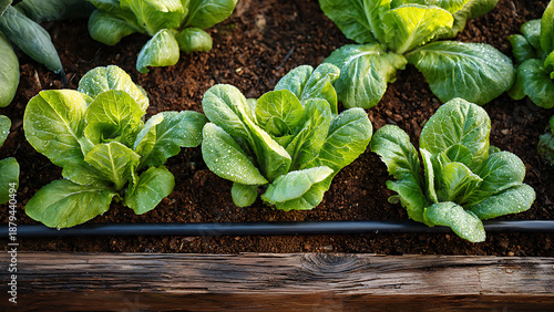 Fresh Organic Romaine Lettuce Growing in Wooden Raised Garden Bed with Morning Dew