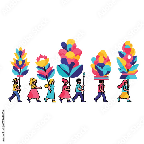 People Celebrating Vasant Panchami with Colorful Floral Offerings