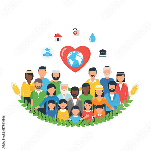 Diverse group of people surrounding a heart with the Earth