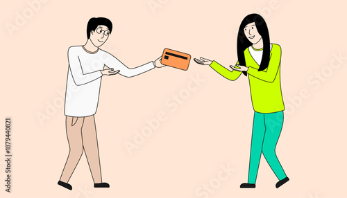 A man and a woman are exchanging money