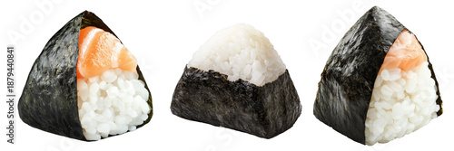 Japanese salmon onigiri rice ball wrapped in nori seaweed, isolated on white background, Asian cuisine concept © boule1301