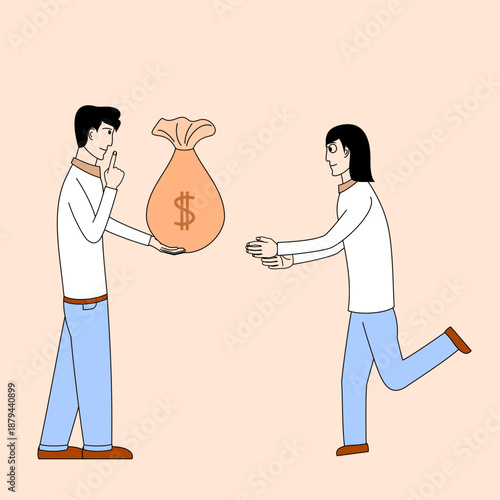 A man is holding a bag of money and the other woman is trying to take it from him.