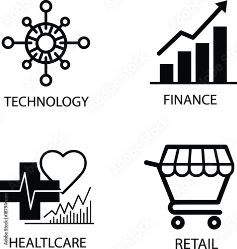 Linear vector icon set depicting major industry sectors including technology finance healthcare and retail markets.