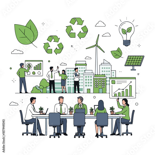 Illustration of people working together on eco-friendly projects