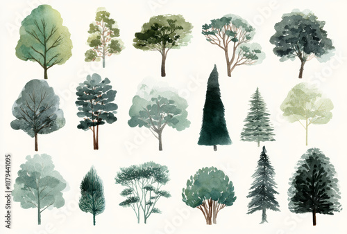 Set of watercolor tree illustrations in muted greens and warm earth tones showcasing various tree species with textured foliage and bark styles