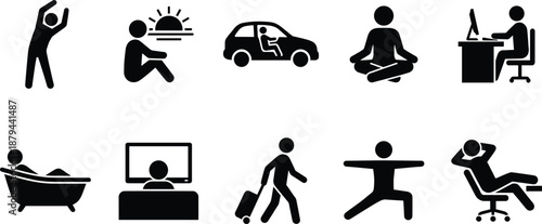 Black And White Vector Icon Set Of People In Daily Activities Featuring Working Driving Meditating Yoga Traveling Bathing Exercising And Relaxing For Lifestyle Design