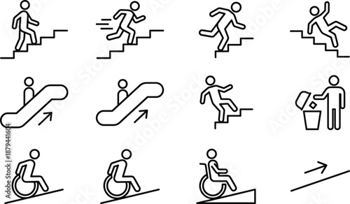 Black And White Vector Icon Set Of People Using Stairs Escalators And Wheelchair Ramps Featuring Warning Symbols For Falling Safety Accessibility And Public Signage