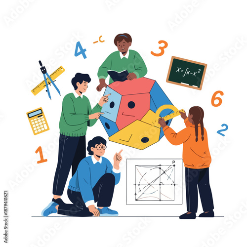 Four people building colorful puzzle with math tools