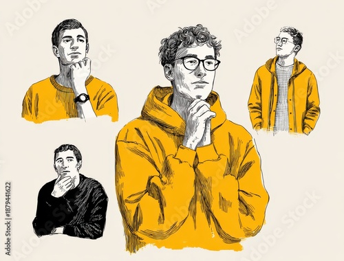 Four Stylized Portraits of a Man Wearing Glasses and a Yellow Hoodie
