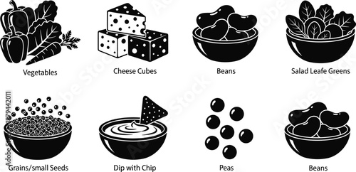 A collection of various food items including vegetables, cheese, and fruits in bowls, showcasing a diverse range of healthy eating options.