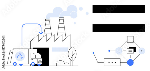 Recycling truck unloading goods at factory, emitting steam from chimneys. Adjacent process flow diagram showcasing connected system. Ideal for recycling, automation, environment, logistics
