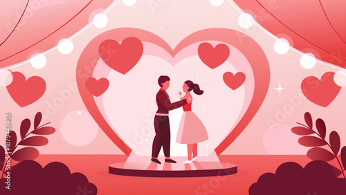 Romantic flat illustration of a loving couple dancing together on a heart shaped stage with string lights and hearts
