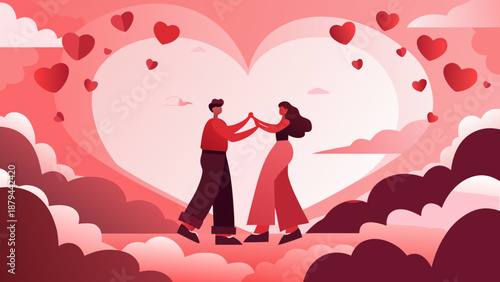 Whimsical flat illustration of a loving couple dancing on clouds with floating hearts in pink and red hues romantic atmosphere