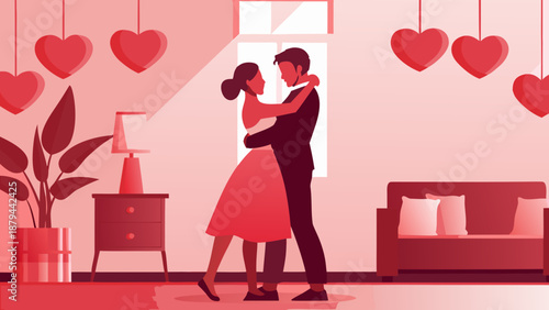 Young couple sharing romantic dance in pink living room with hanging hearts on valentine's day