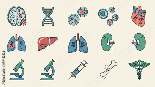 Medical science and healthcare icons representing human organs and research tools.