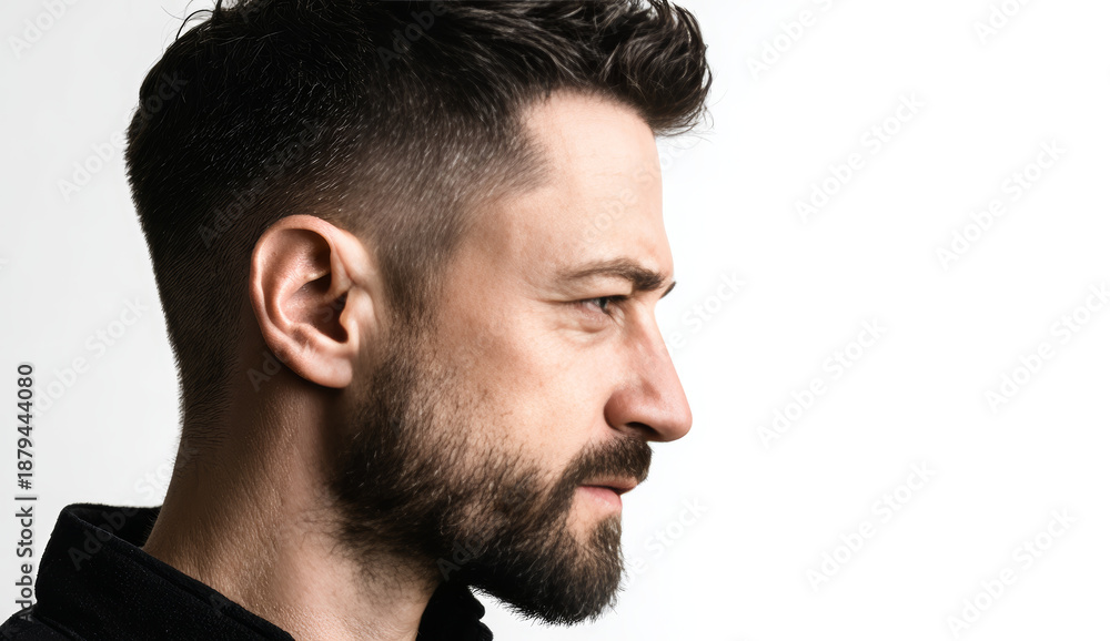 Obraz premium Side view of a man's face with a faded haircut showing textured dark brown hair and well-groomed beard against a plain white background