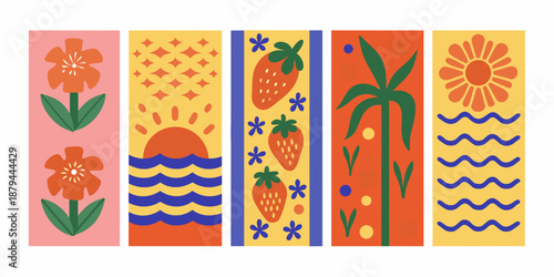 Vibrant floral and fruit patterns with palm tree and sun designs