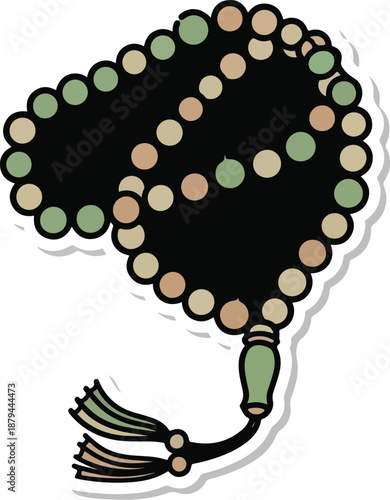 A spiritual mala bead necklace with green and brown beads hangs from a simple tassel on a white background.