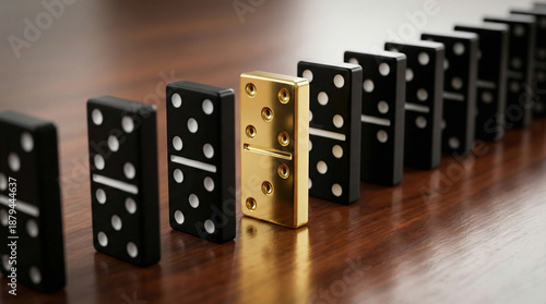 Golden domino standing out in a row of black dominoes, concept of strategy and game changer