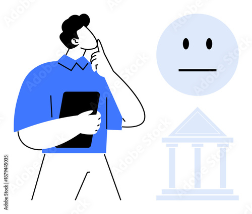 Decision making, judgment, neutrality, governance, analysis, problem solving. A man holds a tablet while thinking, next to neutral face and pillar icons. Decision making and neutrality concepts