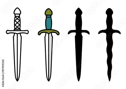 Sword illustration icon in outline, silhouette and colored versions