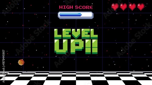 Level up screen. Retro pixel arcade machine 8 bit monitor press start play button vintage console 1980s.	