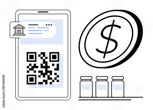 Digital payments, banking, fintech, e-commerce, financial security, cashless economy. A smartphone with a QR code and a dollar coin next to medicine jars. Digital payments and banking visualization