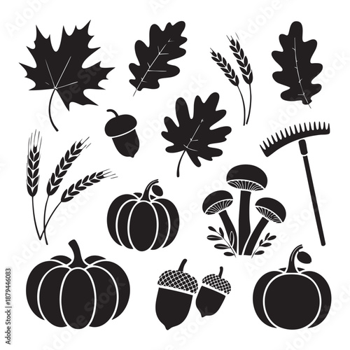 Black silhouette collection of autumn harvest including pumpkins leaves acorns fall squash