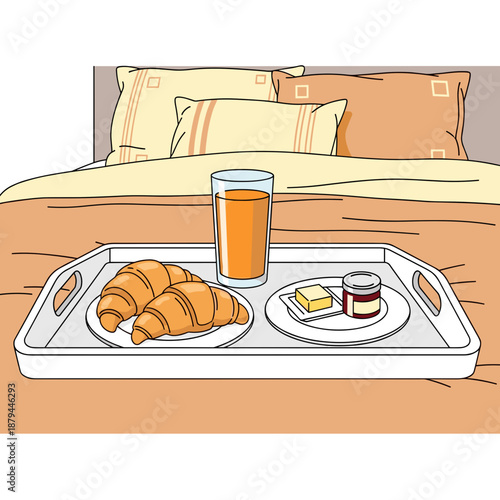 Breakfast in bed with croissants, juice, butter, and jam on a tray in a hotel room