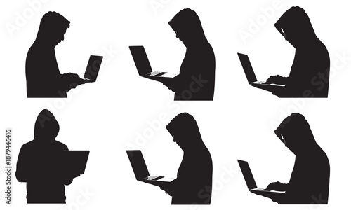 Silhouettes of people in hoodies using laptops, coding or hacking.