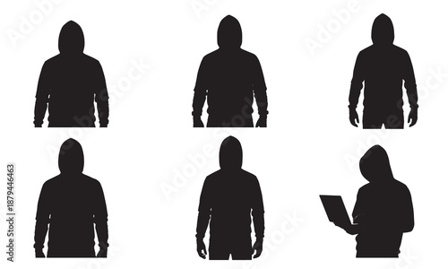 Silhouettes of hooded figures, some with laptops, representing anonymity.
