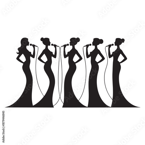 Five black silhouette women in long gowns singing into microphones group