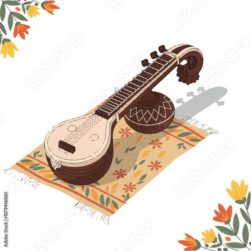 Indian Veena Instrument on a Decorative Rug with Floral Accents