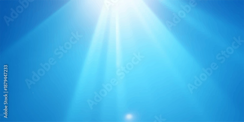 Deep blue ocean water creates a dark nature background where bright sunlight rays shine from the sky through the sea surface to form a motion texture design illustration