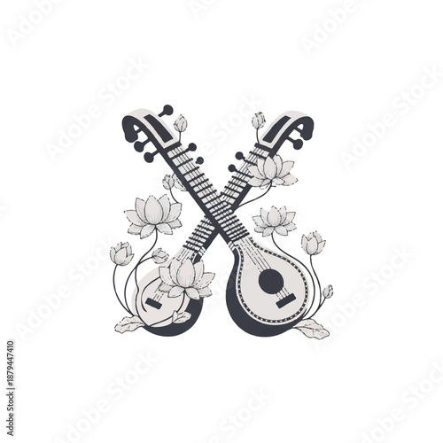 Indian Veena Musical Instrument Decorated with Lotus Flowers