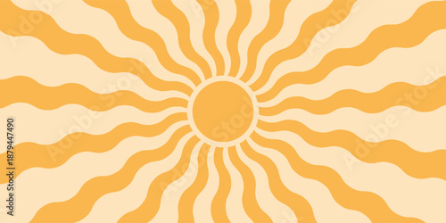 Sun groovy background, summer retro radial burst, yellow graphic wave. Abstract trendy sunshine poster. Vintage boho pattern.