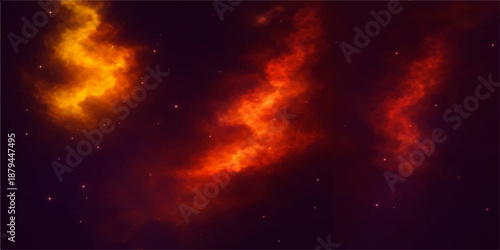 A fiery explosion background with burning orange flames and dark smoke blending into a beautiful sunset cloudscape under a red sky at dusk