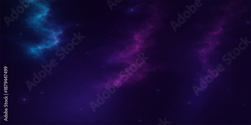 A vibrant blue space background captures a dark night sky filled with bright stars and a swirling nebula galaxy across the cosmic universe