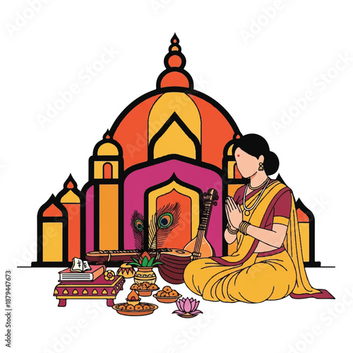 Indian Woman Praying During Vasant Panchami Festival With Traditional Symbols