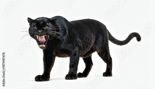 Fotografie Fierce Black Panther Roaring on White Background