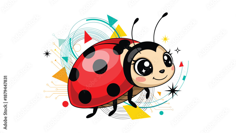 Fototapeta premium An adorable cartoon ladybug with big sparkling eyes and a happy smile, set against a background of abstract geometric shapes and lines.
