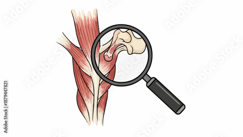 Magnifying glass over human elbow joint anatomy showing muscles and bone.