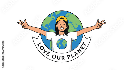 An inspiring cartoon emblem showing a happy person with open arms in front of the Earth, with a banner that reads Love Our Planet.