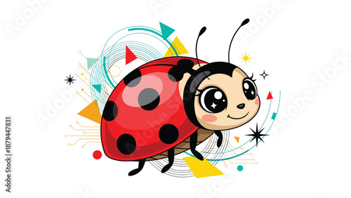 An adorable cartoon ladybug with big sparkling eyes and a happy smile, set against a background of abstract geometric shapes and lines.