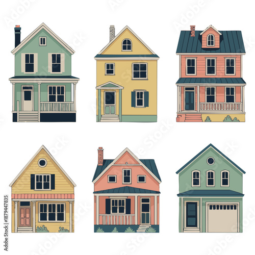 Six diverse illustrated houses in pastel colors with porches and windows home building