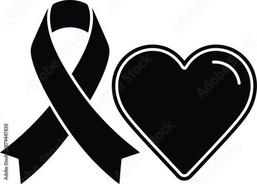 Black awareness ribbon icon placed beside a simple heart shape symbolizing remembrance mourning and deep heartfelt sympathy