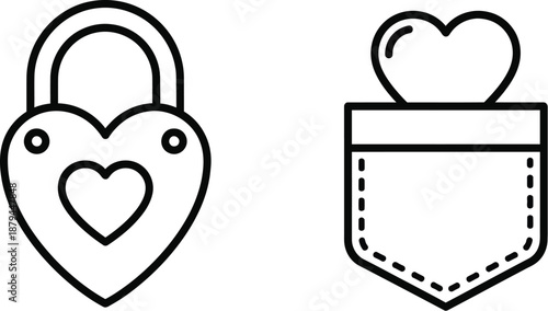 Minimalist black line art icons depict a heart shaped padlock symbol and a pocket containing a heart suggesting love security and hidden affection