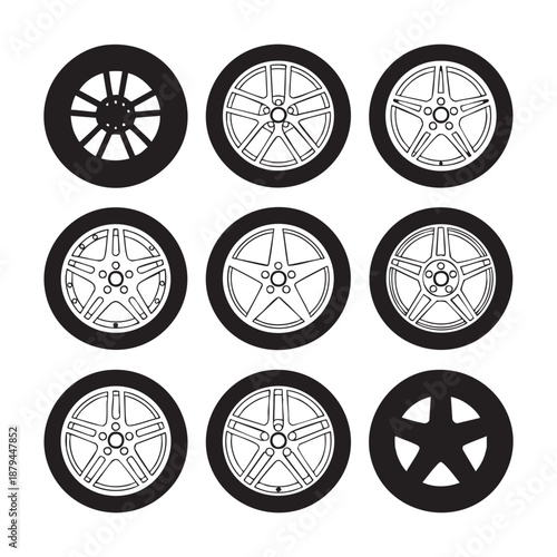 Nine black and white of car wheels and tires alloy wheel automotive