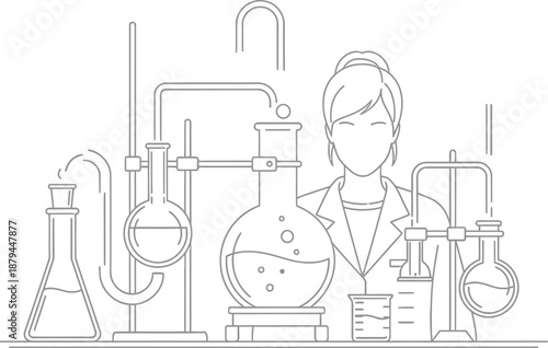 Female scientist conducting chemical experiments with distillation apparatus and various glassware in a laboratory setting